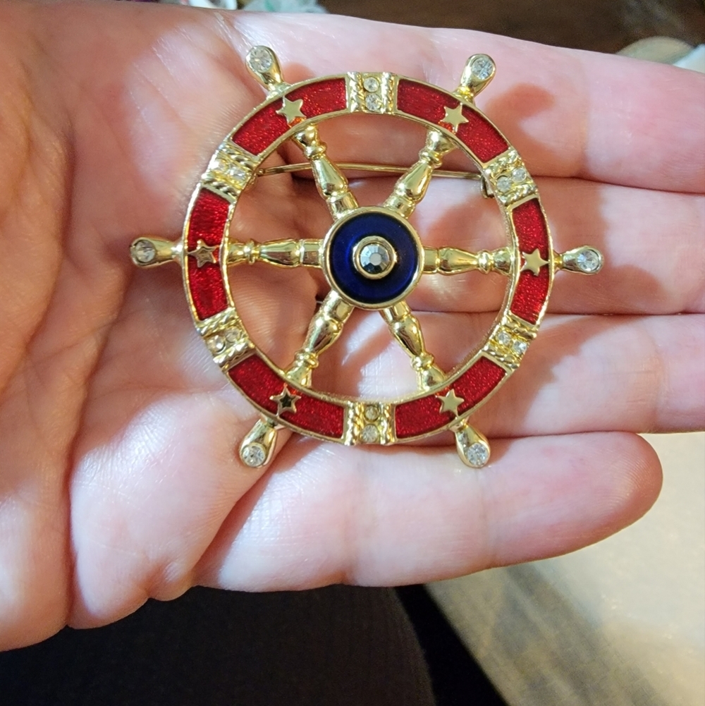 Danecraft Ships Wheel Helm Nautical Enamel Vintage Brooch Pin - Picture 2 of 9